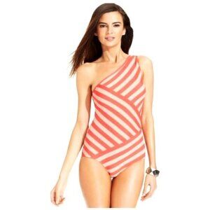 DKNY One-Shoulder Coral & Beige Striped Swimsuit Size 10 Nylon/Spandex